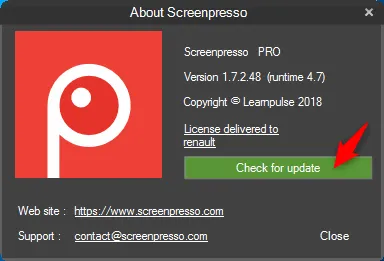 Screenshot of Screenpresso about box window