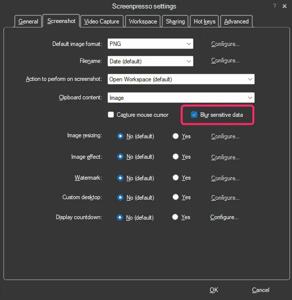 Blur sensitive data setting