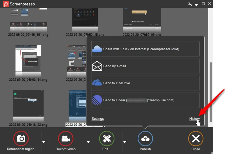 Screenshot of publish history