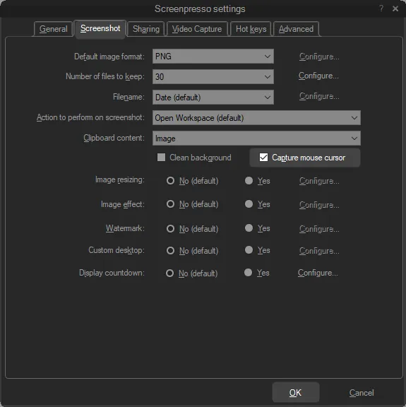 Mouse cursor capture settings