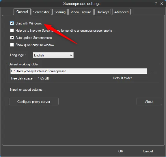 Screenshot of Screenpresso settings