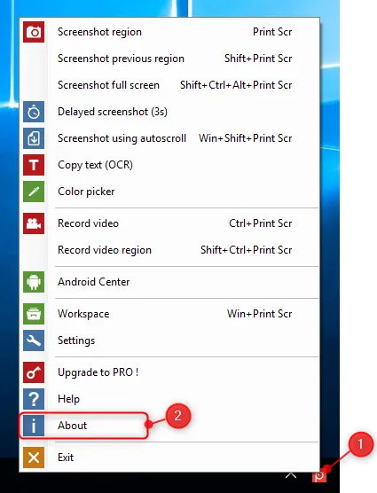 Screenshot of Screenpresso system tray menu